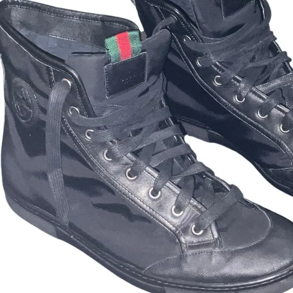 Gucci Men's High Top Sneakers Black Nylon Leather Size 11 US (10G) COA Auth